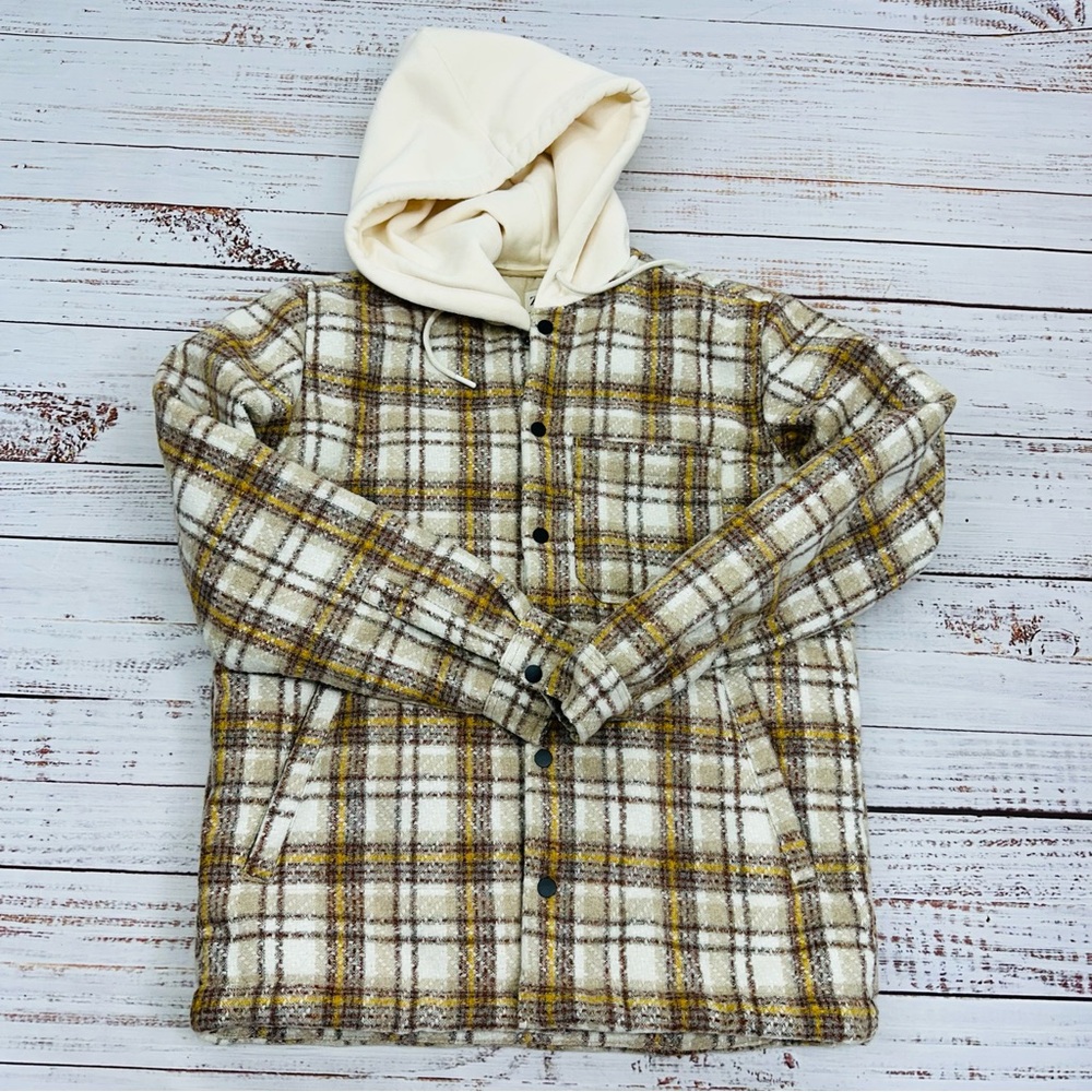ZARA Men’s Size Medium Brown Cream Beige Plaid Flannel Overshirt Hoodie Jacket